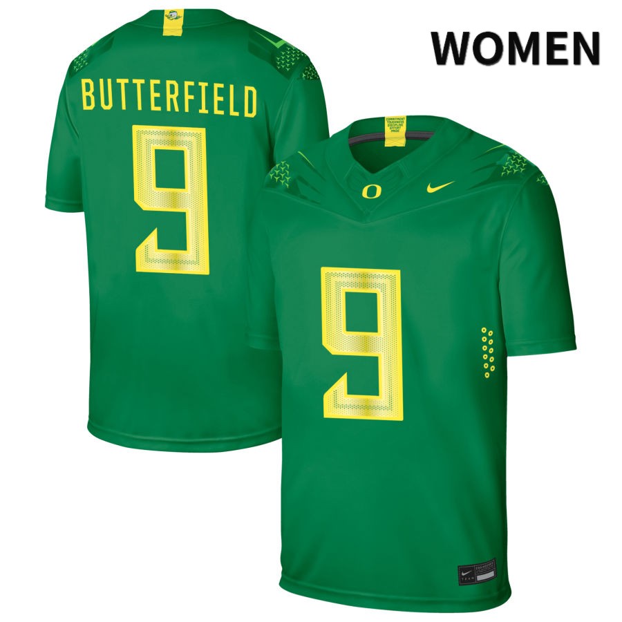 Oregon Ducks Women's #9 Jay Butterfield Football College Authentic Green NIL 2022 Nike Jersey QSV24O0Y